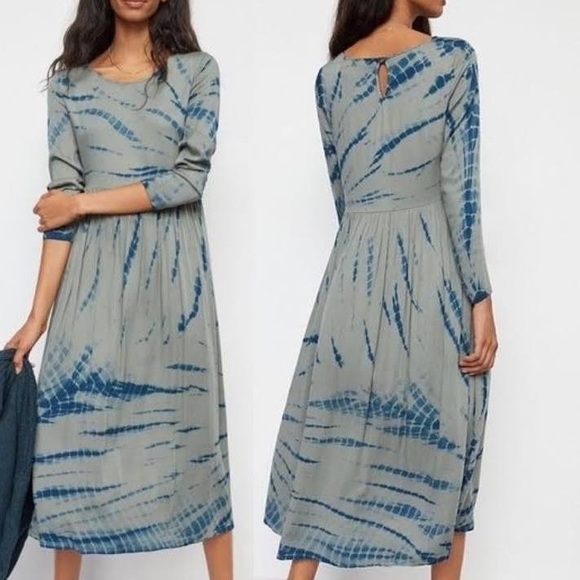 Anthropologie Dolan Left Coast Eliska Blue Tie Dye Long Sleeves Midi Sz S M - Picture 2 of 6